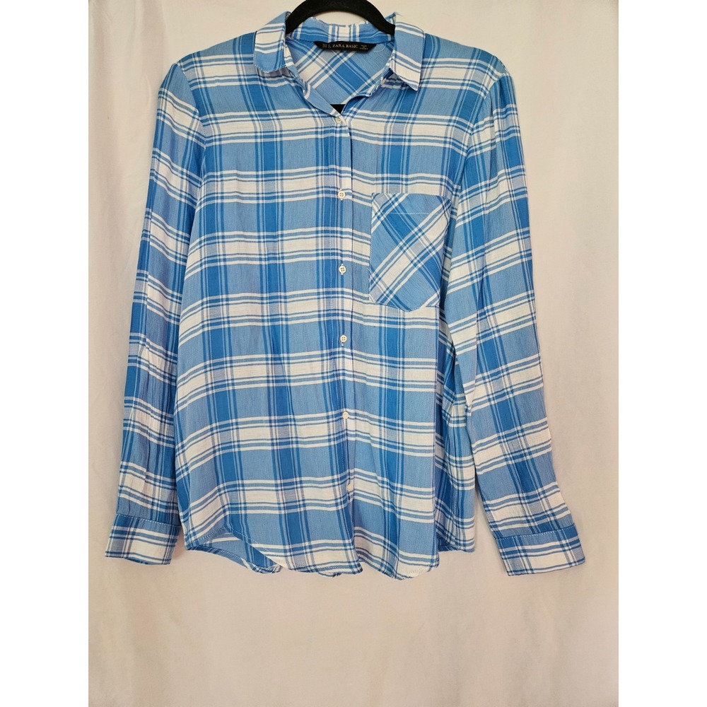 Zara Basic Button Up Shirt Womens Size Small Red Plaid Long Sleeve Casual